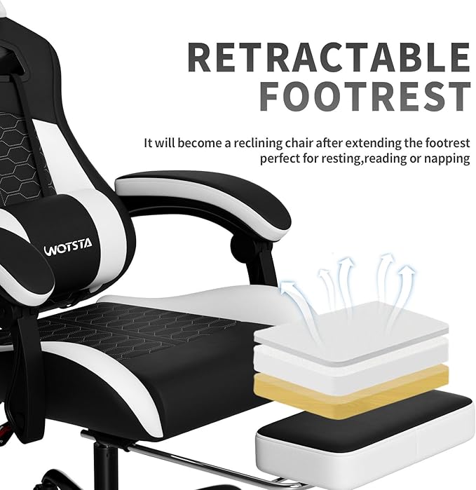 Gaming Chair with MassageErgonomic PC Gaming Chair with Footrest Comfortable Headrest and Lumbar SupportHigh Back PVC Leather300LBS (Black White)