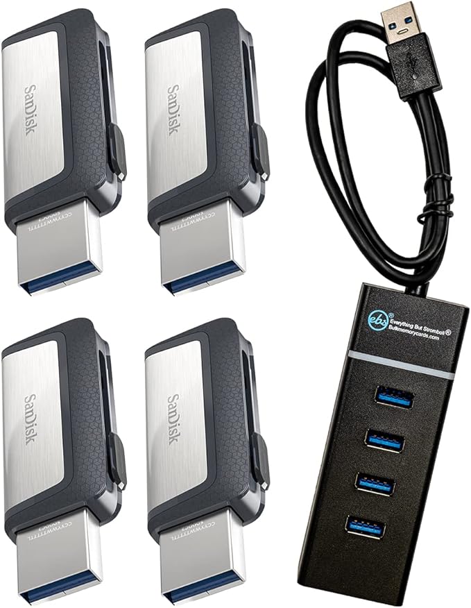 SanDisk Ultra 32GB Dual Drive USB Type-C (Four Pack Bundle) Works with Smartphones Tablets and Computers (SDDDC2-032G-G46) Bundle with (1) Everything But Stromboli 4 Port USB 3.0 Hub