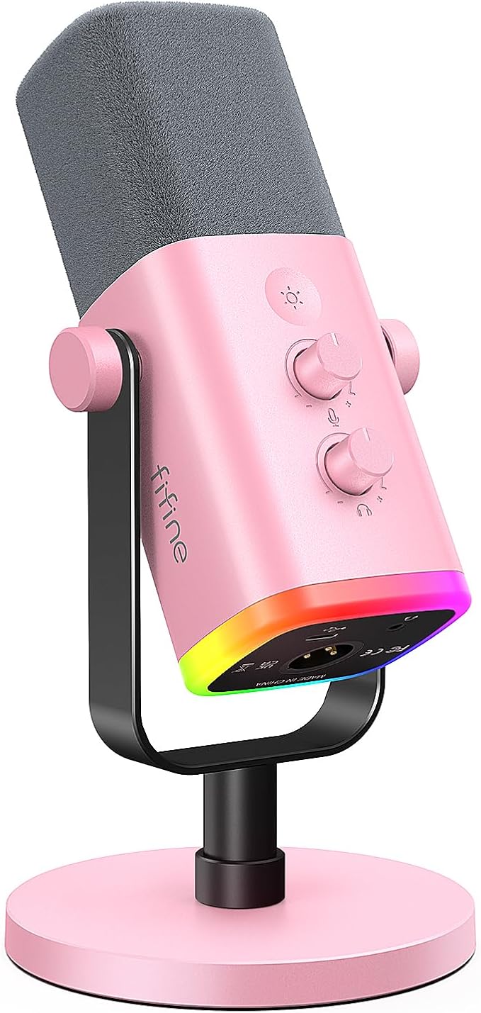 FIFINE XLR/USB Microphone Gaming Recording PC Microphone with Headphones Jack Mute Button Dynamic RGB Mic for Computer Streaming Mic for Podcasting Voice-Over YouTube Video-AmpliGame AM8 Pink