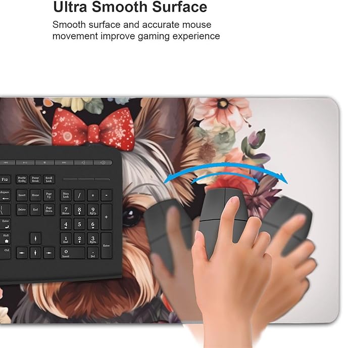 Gaming Mouse Pad Extended Full Keyboard Mat with Stitched Edges Anime Large Desk Pad with Non-Slip Base Yorkie Floral Mouse Mat for Gaming and Office 16 x 35.5 inches Mousepad