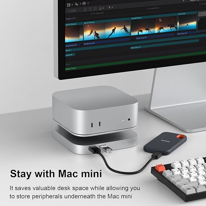 Qwiizlab 40Gbps Mac mini M4/M4 Pro Stand Hub with USB4 NVMe SSD Enclosure USB-C Host 3 USB-A 2.0 3.5mm Audio Supports M.2 PCIe up to 8TB Compatible with Thunderbolt 4/5