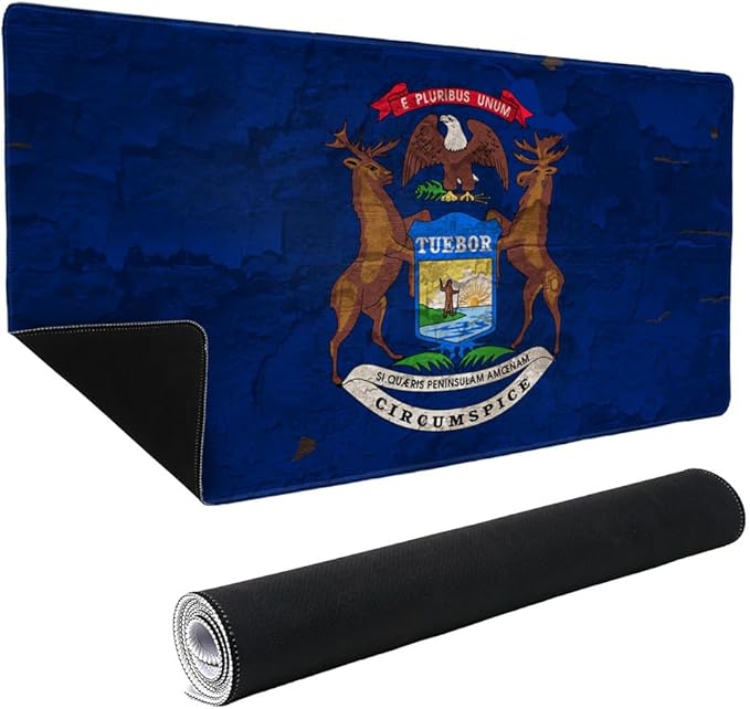 Rustic Michigan State Flag Distressed USA Large Gaming Mouse Pad Desk Mat with Stitched Edges Non-Slip Base