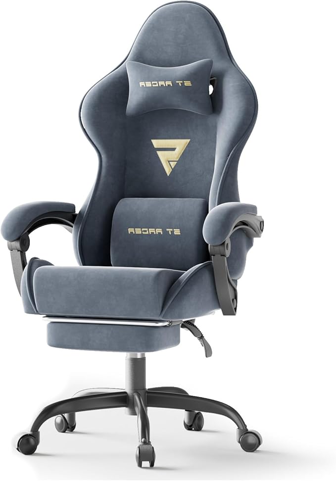 Ferghana Velvet Fabric Ergonomic Gaming Chair with Footrest and Massage Reclining Computer Gamer Chair for Adult and Teens Racing Style PC Home Office Video Game Chair (Grey)