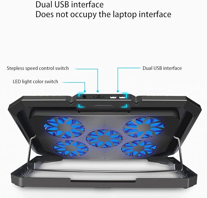 Gaming Laptop Cooling Bracket Radiator Holder with 5 Fans 2X USB Ports Quiet PC Quiet with Colorful Light