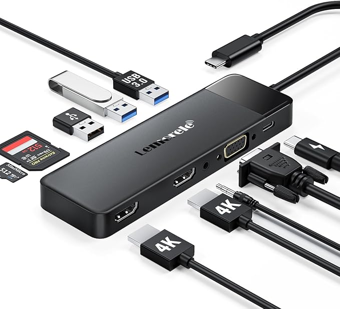 Lemorele USB C Docking Station for Laptop 10 in 1 Triple Display Monitors Adapter w/4K Dual HDMI 1080P VGA 3 USB3.0/2.0 TF/SD 2.0 3.5mm Audio 100W PD for MacBook HP Dell Lenovo Surface