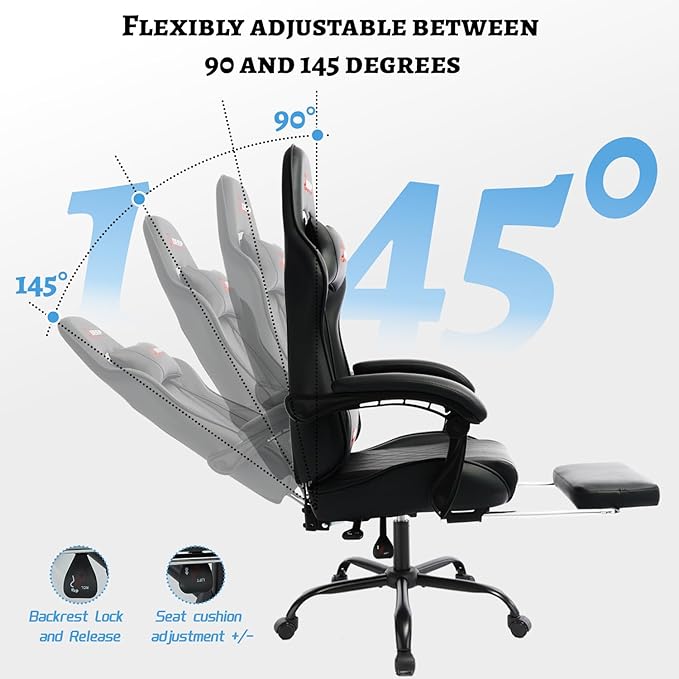 Ergonomic Gaming Chair with Footrest and Lumbar Massage Racing Office Chair High Back Computer Desk Chair with Headrest Pillow for Adults Video Game Chair for PC Gamer (1001-Black)