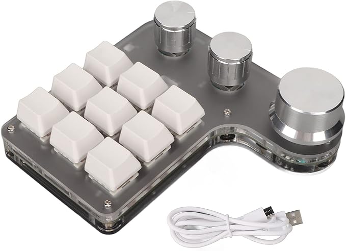 Yoidesu 9 Keys One Handed Mechanical Gaming Keyboard Mini Keypad Programmable Macro Keyboard with 3 Knobs USB Shortcut Multifunction Keyboard for PC Computer Gaming (White)