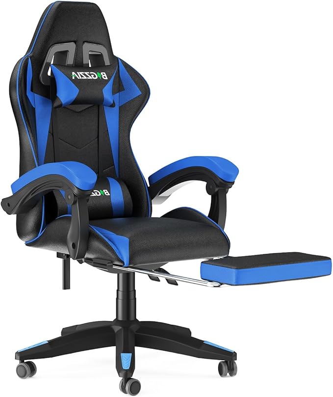Gaming Chair with Footrest High Back Ergonomic Computer Gamer Chair with Headrest and Lumbar Support Racing Style Reclining Game Chair for Adults Kids (Blue-Black)