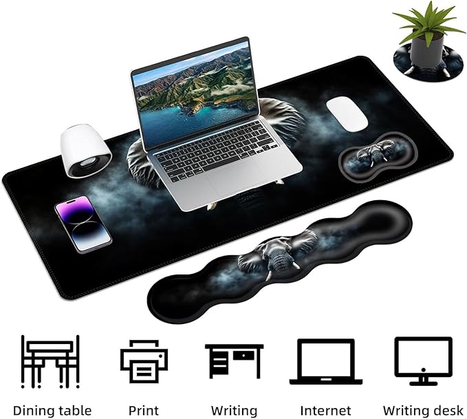 Keyboard Mouse Pad Set Extended Gaming Mouse Pad+Ergonomics Keyboard Wrist Rest Support Memory Foam Easy Typing Pain Relief 4Pcs XL Ultra Thick Desk MatMisty Elephant