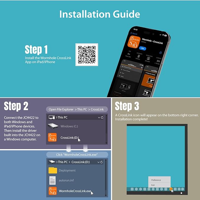j5create iPad/iPhone to Windows Collaboration Sharing Hub Use iPad as a Second Display for Windows Laptop Transfer Files Between iPhone and Win PC Wormhole Switch CrossLink (JCH422)