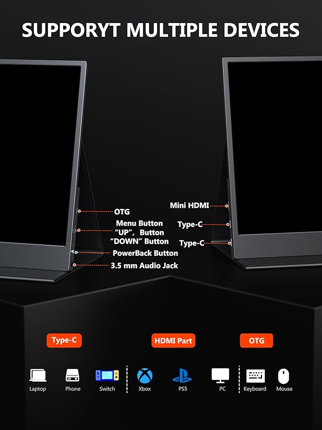 4K Portable Monitor 13.3 UHD IPS Portable Laptop Screen Second Screen Dual USB C HDMI Computer Gaming Display with Speakers Travel Monitor for PC Phone PS4/5 Xbox Switch