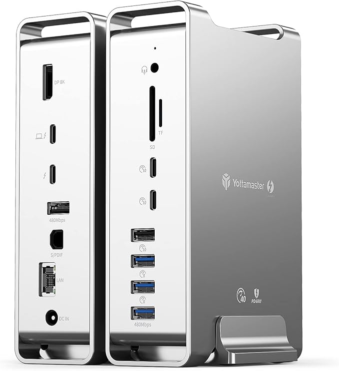 Yottamaster 40Gbps USB C Docking Station Compatible with Thunderbolt 3 15 in 1 USB C Dock for Dual 4K Display DisplayPort 65W PD Charging S/PDIF 6 USB Gigabit Ethernet SD/TF [DS02]
