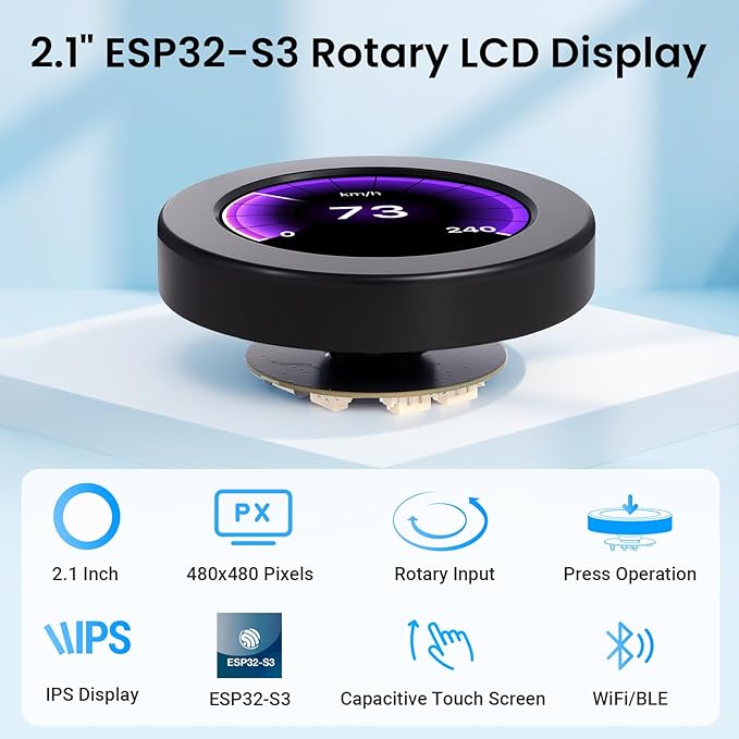ELECROW ESP32 Rotary Display 480x480-2.1 Inch HMI IPS Round Knob Touch Display Development Board 2.4G WiFi and BLE Capacitive Touch Screen Compatible with Arduino IDE and The LVGL Library Black