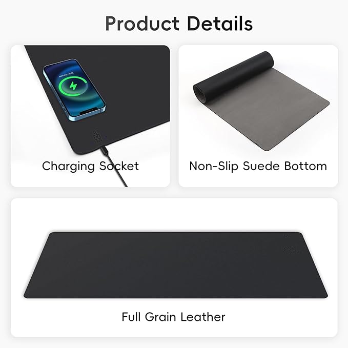 Mouse Pad with Wireless Charging PU Leather Fast Charging Gaming Mouse Pad Waterproof Anti-Slip Surface Easy Clean Office Table Mat 32L x 16W x 0.15H inches Black(Right Side Charging Port)