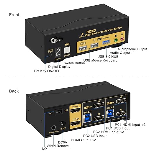 CKLau 2x2 USB 3.0 HDMI KVM Switch 2 Monitors 2 Computers with Cables Support 8K@60Hz 4K@144Hz Emulation EDID Hotkey Switching Digital Display