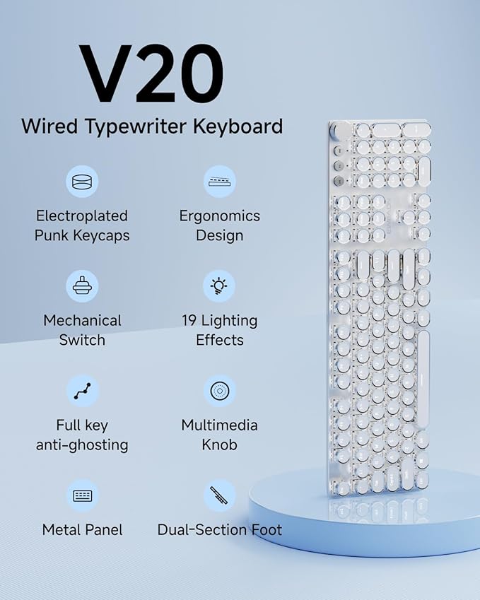 EWEADN Typewriter Style Mechanical Keyboard Wired Typewriter Keyboards104 Keys Backlit LED Metal Keyboards Media Control Knob Wired Computer Keyboard White Switch for Windows/Mac/PC-White