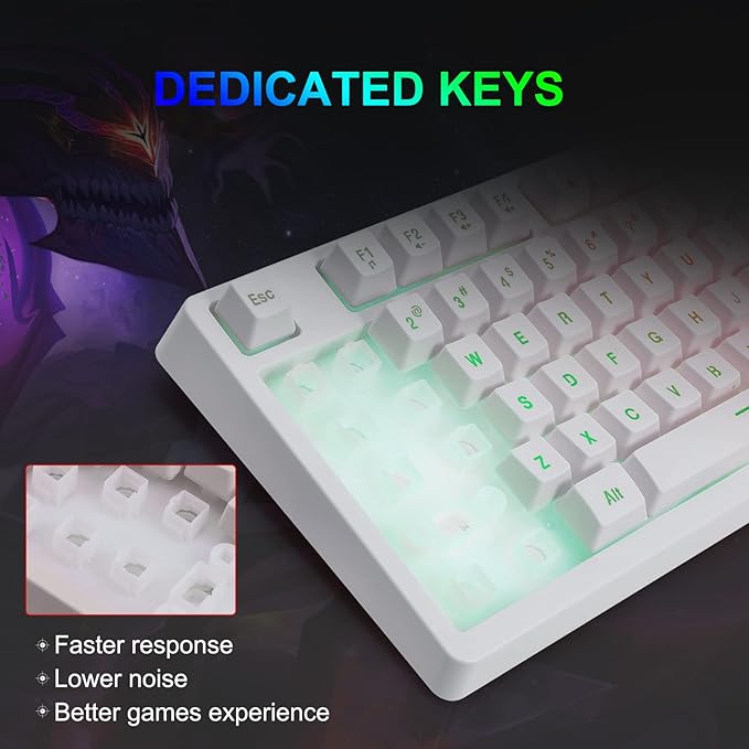 HUO JI White Gaming Keyboard USB Wired with Rainbow LED Backlit Floating Keys Mechanical Feeling Spill Resistant Ergonomic for Xbox PS Series Desktop Computer PC