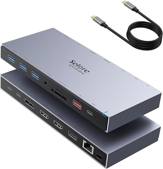 Selore Docking Station 3 Monitor USB C Laptop Hub with Dual 4K HDMI and Displayport 10Gbps USB-A/C Data Transfer 100W PD Ethernet Audio SD/microSD Slot USB C Dock for Dell XPS/HP/Lenovo