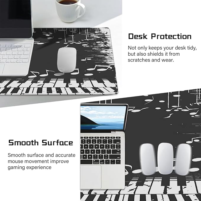 White Piano Note Music Large Mouse Pad Gaming Mousepad Desk Mat for Desktop Computer Keyboard Waterproof Mouse Mat Desk Pad with Non-Slip Base for Game School Office Home 35.4 x 15.7