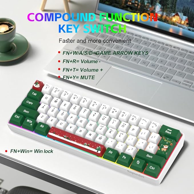Snpurdiri 60% Wired Gaming Keyboard RGB Backlit Small Ultra-Compact 61 Keys 60 Percent Gaming Keyboard for PC/Mac Gamer Typist Travel Easy to Carry on Business Trip(Red Green White)