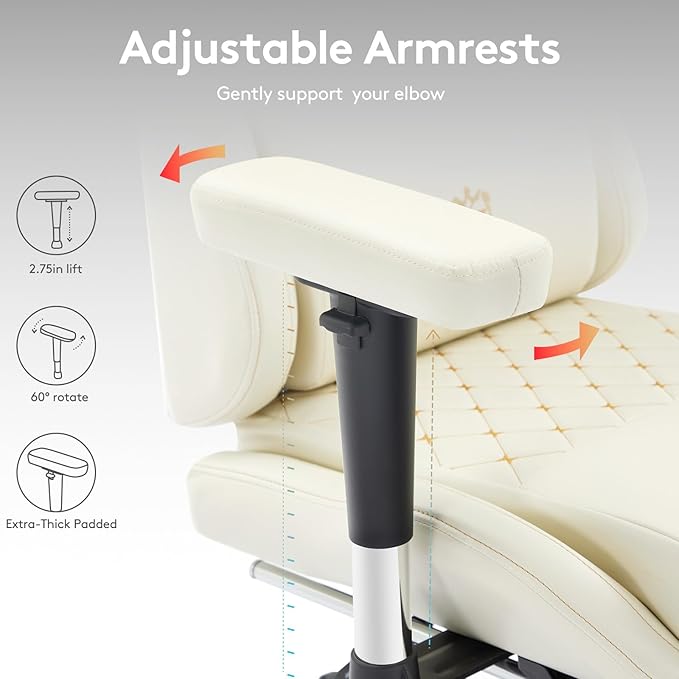 Gaming ChairComputer Office Chair with FootrestMassage Lumbar Support and Gel PadErgonomic Reclining Leather Gamer Chair with HeadrestAdjustable Armrests and Spring Cushion Ivory