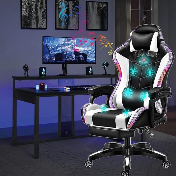 Gaming Chair with LED Lights and Speakers Computer Racing Chair with Footrest and Lumbar Support Ergonomic Pro High Back Office Chair with Headrest Swivel Leather Video Game ChairWhite