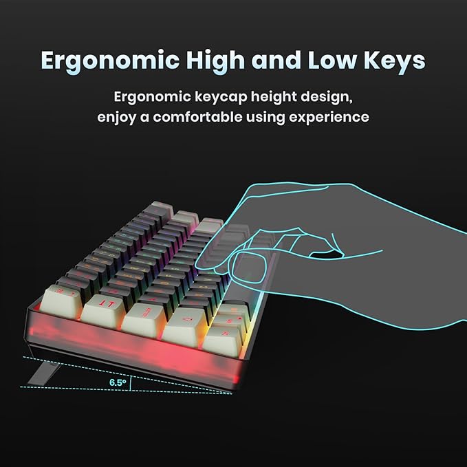 65% Wireless Gaming Keyboard: LED Backlit 68 Keys Ultra-Compact Anti-ghosting No-Conflict Wireless Keyboard for PC Laptop Windows Gamer(Black-White)