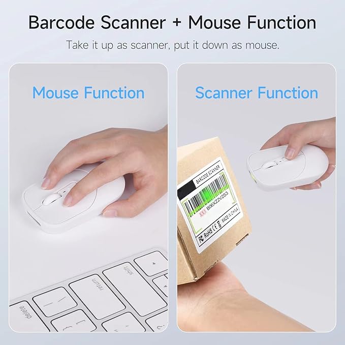New Wireless Mouse Barcode Scanner 2-in-1 Design 2D Handheld Barcode Scanner with Wireless Mouse Functions for POS SystemStoreSupermarket Warehouse.(White)