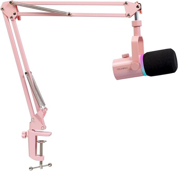 FEELWORLD PM1 XLR USB Dynamic Microphone with Boom Arm Gifts for Podcast Recording PC Computer Gaming Live Streaming Vocal Voice-Over Studio Metal Mic RGB Light Mute Button Headphones Jack (Pink)
