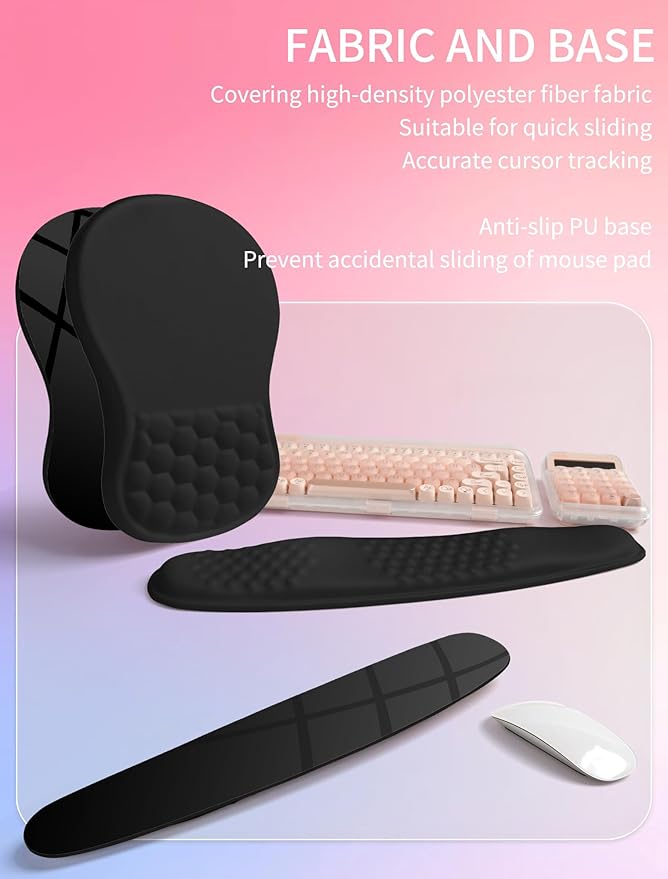 Hokafenle 2in1 Combination Wave Keyboard Wrist Rest and Ergonomic Curvature Mouse Pad Wrist Support for Relieve Wrist Pain Filled with Soft Cushion Memory Foam Black
