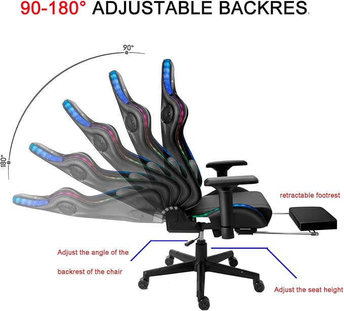 TBQATNTS LED Gaming Chair with Massage High Back PU Video Game Chair with Speakers Adjustable Lumbar Support and Headrest Reclining Computer Gaming Chair for AdultsBlack