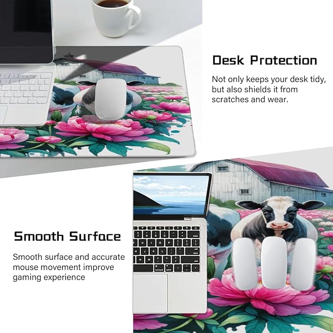 Farm Cow Pink Flower Large Mouse Pad Gaming Mousepad Desk Mat for Desktop Computer Keyboard Waterproof Mouse Mat Desk Pad with Non-Slip Base for Game School Office Home 35.4 x 15.7
