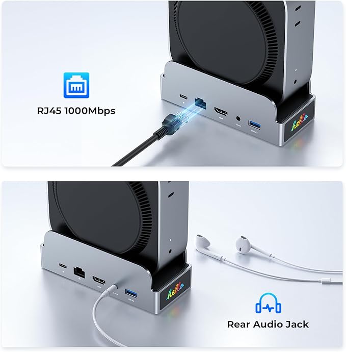 MiniDock Mac mini M4 Dock and Stand 11-in-1 USB-C Hub with 8TB M.2 NVMe SSD Enclosure Smart Display 4K@60Hz HDMI Gigabit Ethernet SD/TF 3.5mm Audio PD Charging for Mac mini/Pro/Air/Windows