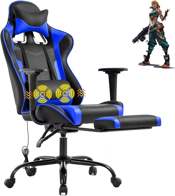 Gaming Chair with Footrest Massage Lumbar Support Ergonomic Racing Office Chair 360 Swivel PC Computer Desk Chair Adjustable Headrest and Arms Blue