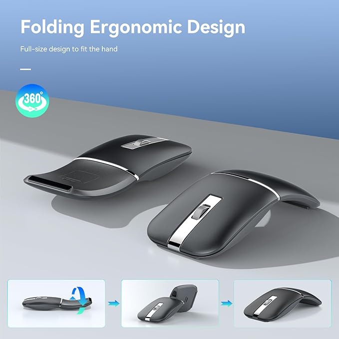 Wireless Mouse Bendable –Rotating Design Dual Mode (BT+ 2.4GHz) arc Rechargeable Travel Wireless Mouse for Microsoft Laptop PC Tablet Graphite Black