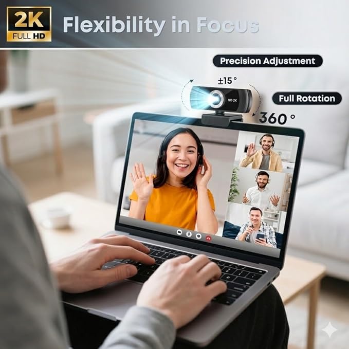 2K Webcam with Microphone Noise Cancellation Privacy Cover Wide-Angle Lens Auto Light Correction Plug &amp Play USB Webcam for Laptop Desktop PC Mac Zoom Skype Streaming (Black)