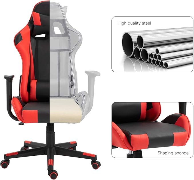 Modern-Depo Gaming Chair with Headrest and Lumbar Support Height Adjustable Swivel Office Chair High-Back Recliner Black Red