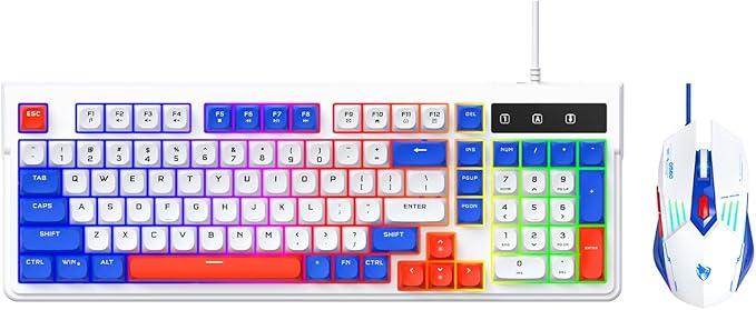 Wired Gaming Keyboard and MouseRainbow LED Mechanical Feeling Gaming Keyboard and 3600DPI Mouse Combo with 19-Keys Anti-Ghosting98keys Compact StylePlug &amp Play to PC LaptopWindows-White and B