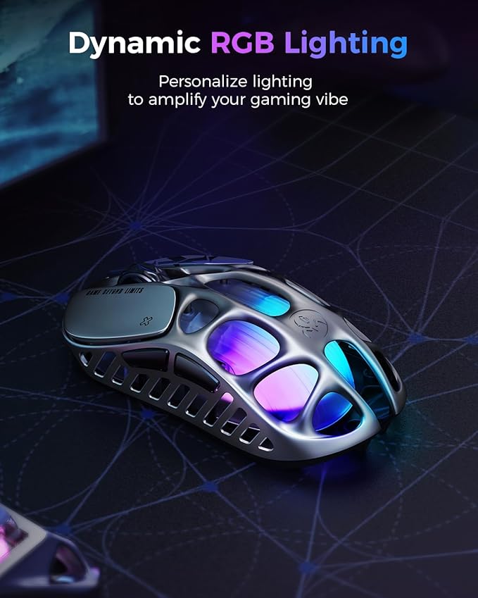 GravaStar Mercury X Pro Wireless Gaming Mouse Come with 8K Dongle – 32000 DPI PAW 3950 Sensor 8000Hz Polling Rate Only 49g Magnesium Alloy Hollow Frame RGB Lighting 5 Programmable Buttons