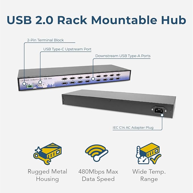 Coolgear 16 Port USB 2.0 Rack-Mountable Hub w/Internal Power Supply ESD Surge Protection &amp Port Status LEDs
