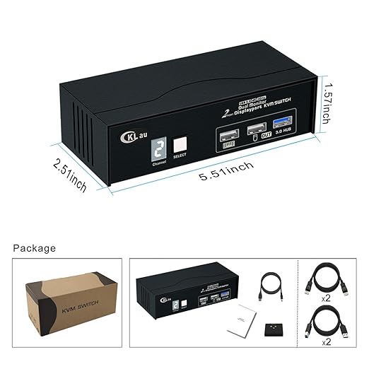 CKLau 2 Port Displayport 1.4 KVM Switch 2 Monitors with Cables and USB 3.0 Hub Supports 4096x2160@60Hz 2560x1440@144Hz for 2 Computers 2 Monitors Sharing Keyboard Mouse Peripheral Device