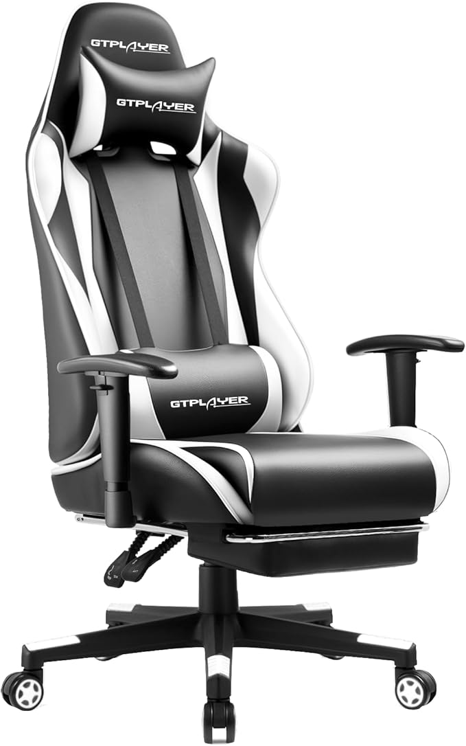 GTPLAYER Gaming Chair with Footrest Ergonomic Computer Game Desk Chair Reclining Gamer Chair Seat Height Adjustment Swivel Rocker with Headrest and Lumbar (White)