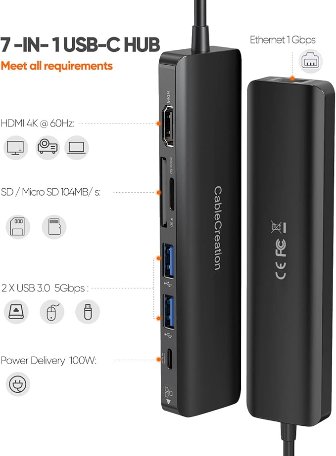 USB C Hub with Ethernet CableCreation 7 in 1 4k@60Hz HDMI USB C Multiport Adapter with 100W PD 2 USB 3.0 Ports SD/TF Cards Reader Compatible for MacBook Pro/Air M1 M2 iPad Pro/Air Dell XPS HP