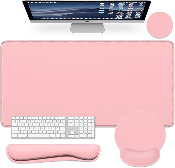 Dapesuom Large Gaming Mouse Pad Pink Mouse Pads with Wrist Rest Wrist Support 4in1 Big XXL Desk Mat Desk Pad + Ergonomic Mousepad + Memory Foam Keyboard Mat Wrist Rest + Coaster Set for Computer
