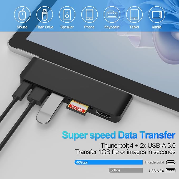Surface Pro 9/10/11/X Accessories Surface Pro 9 Docking Station with 4K HDMI USB-C Thunerbolt 4 (Display+Data+PD Charging) 2 USB 3.0 SD/TF Card Reader for Surface Pro 9/Pro10/Pro11/ProX
