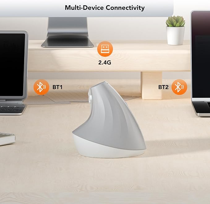 KYSONA Wireless Ergonomic Mouse Vertical Mouse Bluetooth Ergo Mouse Quiet Click 5 Level Adjustable DPI(800/1200/2400/2400/4000) Rechargeable 2.4G Mice Computer PC Mac Laptop White