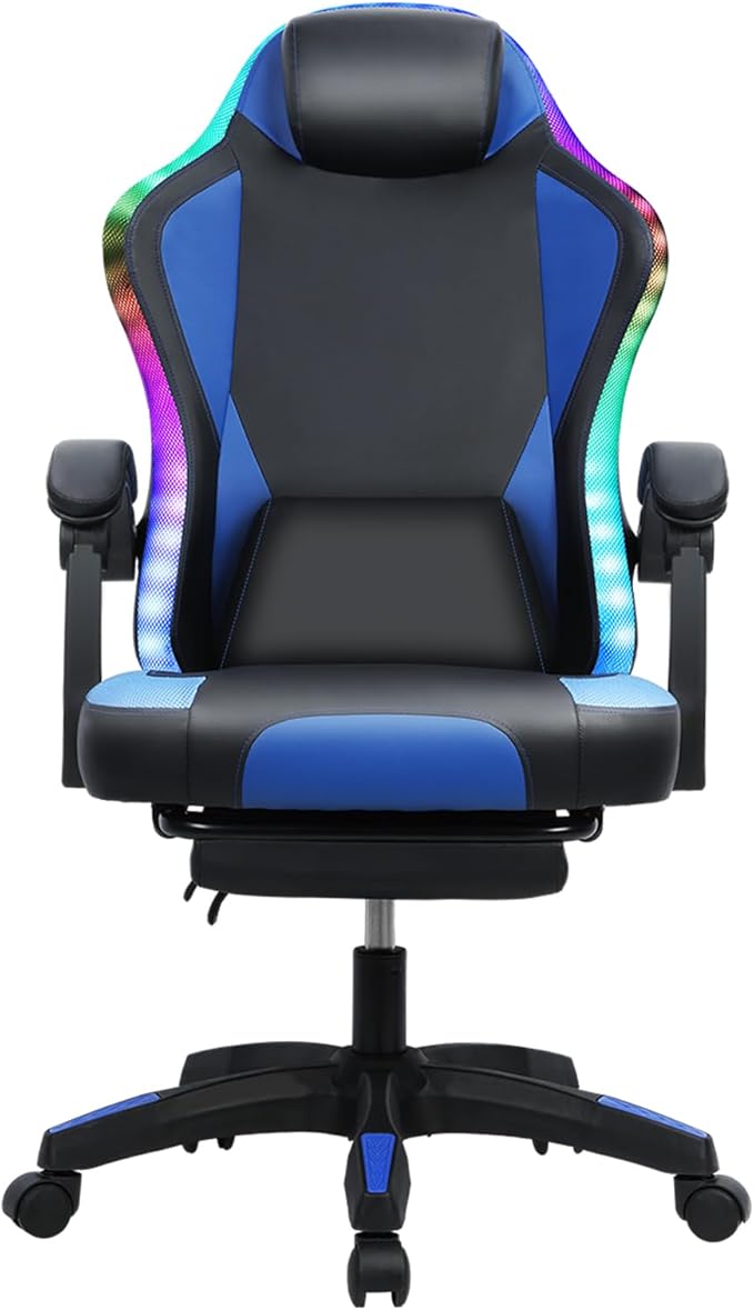 Gaming Chair with LED Light Ergonomic High Back Computer Chair with Massage Lumbar Support Adjustable Reclining Office Chair Retractable Footrest (Blue)