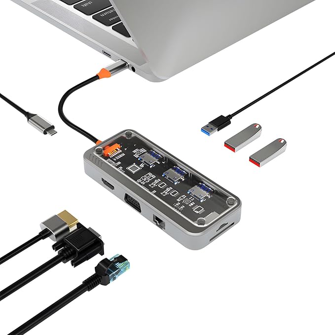 USB C Docking Station with HDTV Output Gigabit Ethernet VGA 3.5mm Memory Card Reader for Laptop PC USB C Adapter