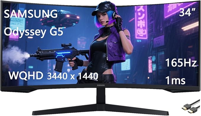 Samsung 34 Odyssey G5 Series Gaming Monitor WQHD Curved 1000R UltraWide 165Hz 1ms FreeSync Premium Black with GSF HDMI Cable