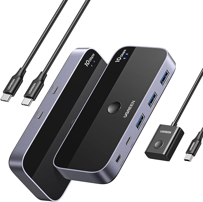 UGREEN USBC Switch 2 Computers Share 4 USB 3.2 Ports 10Gbps Switcher Selector for PC Laptop Keyboard Mouse Sharing Switch Adapter with 2 USB-C to C Data Cables and Remote